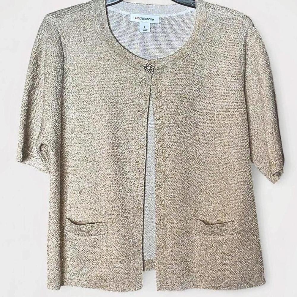 Liz Claiborne Cream Gold Metallic Button Short Sleeve Crewneck Cardigan - Size L